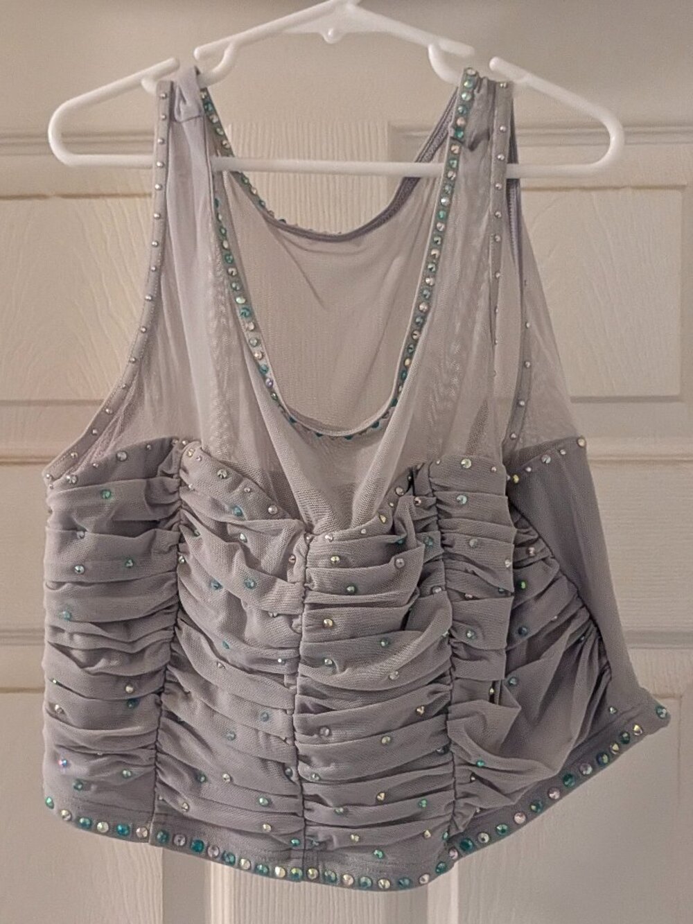 Rhinestone Crystal Gray Mesh Ruched Lyrical Dance Costume Crop Top - Youth